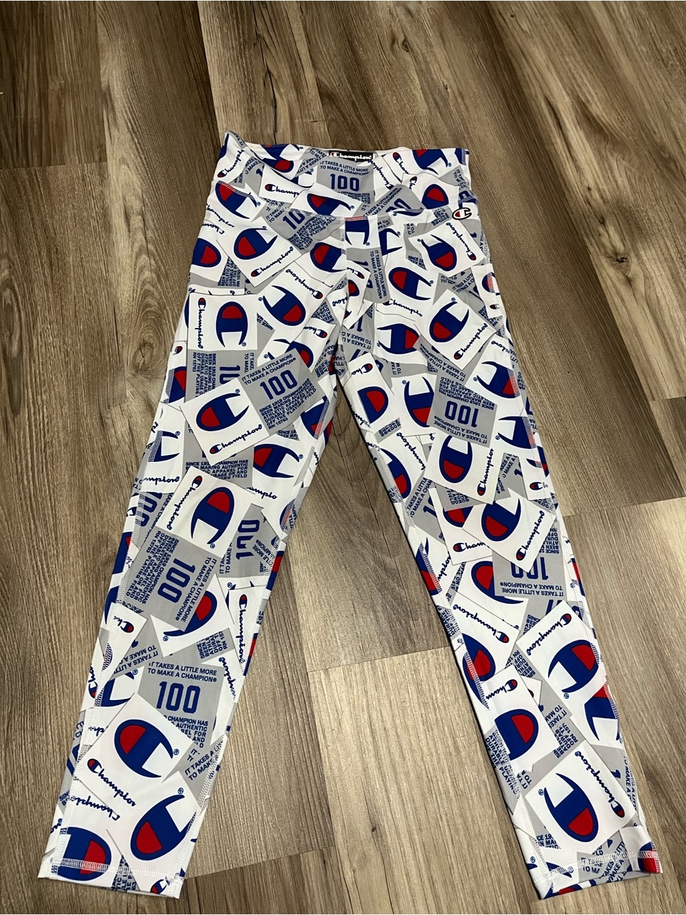 Champion White Leggings with Red & Blue All-Over Logo